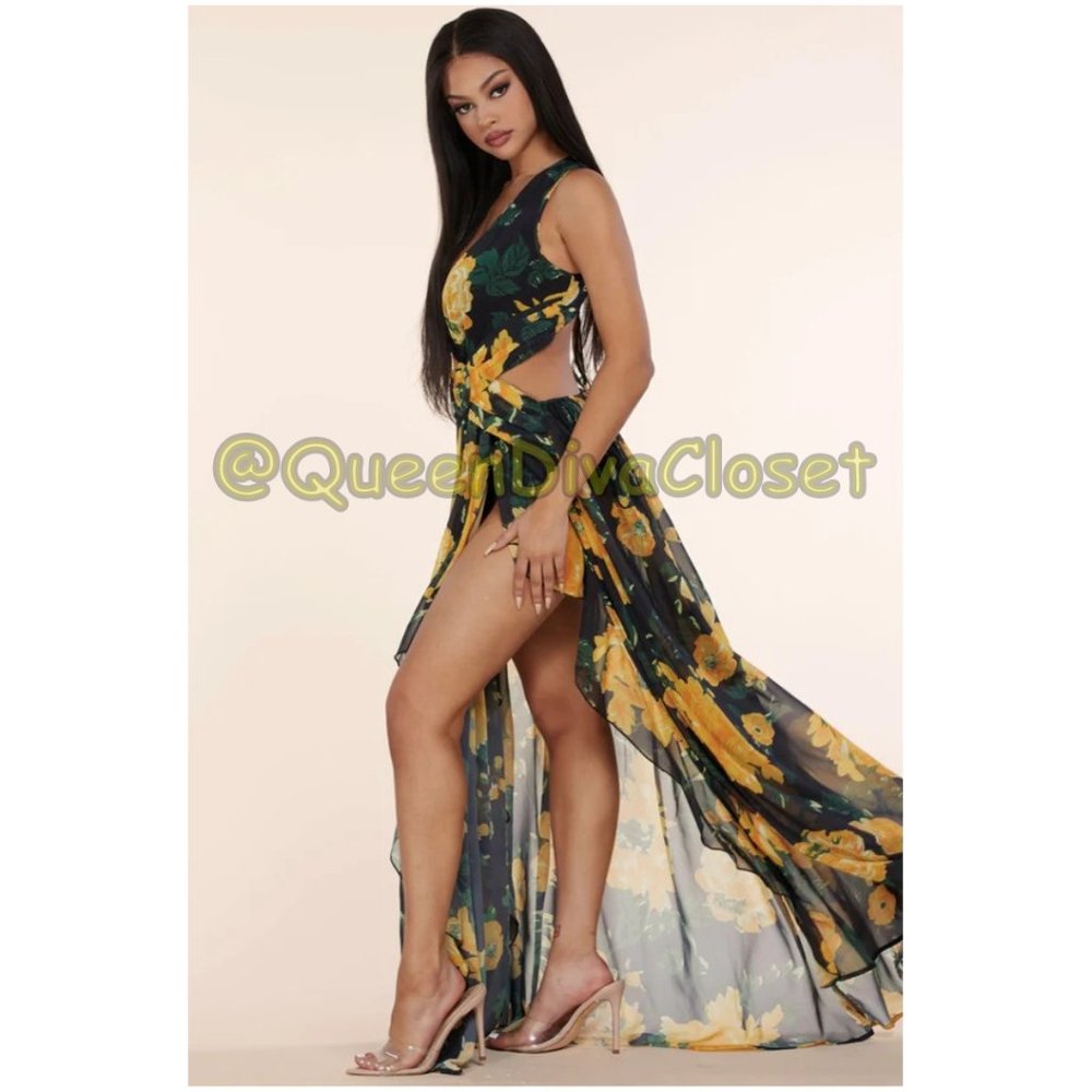 New Yellow Black Floral Double Slit Ruffle Cut out Open Back Lace Up Maxi Dress - Picture 6 of 9